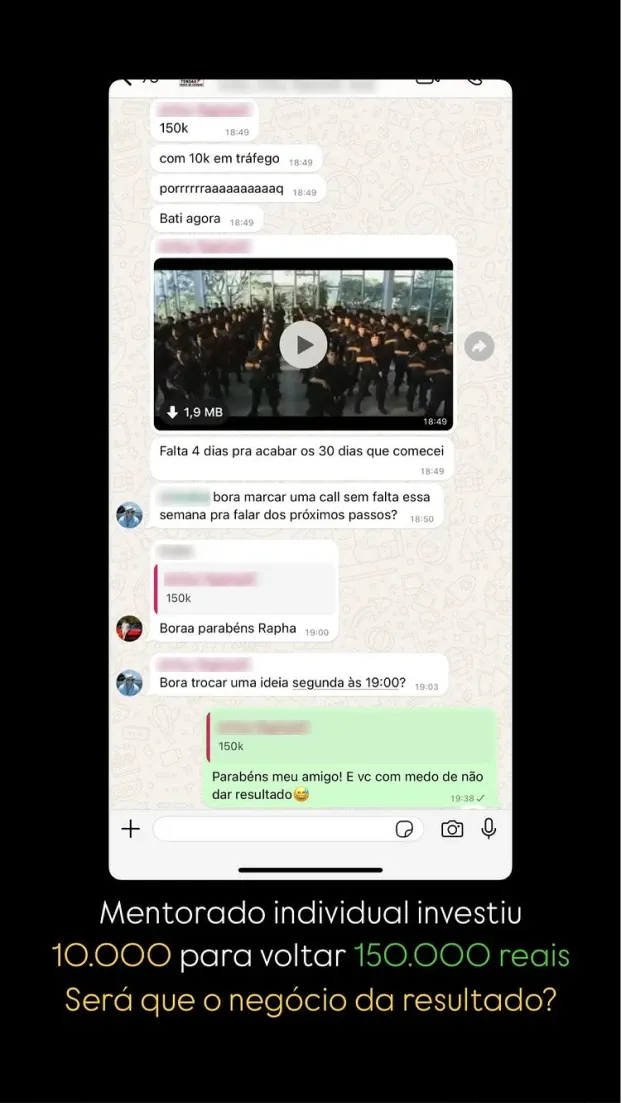 Print de conversa: mentorado atinge 150 mil em 30 dias