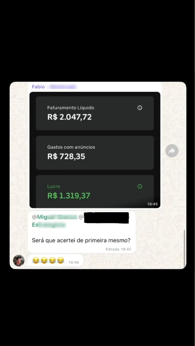 Print de painel com faturamento, gasto com anúncios e lucro