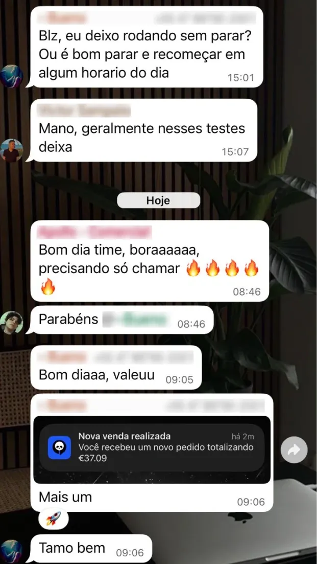Print de notificação de venda em euro no grupo da equipe